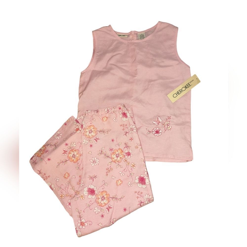 Vintage Cherokee‎ pink linen floral print 2 piece outfit NWT